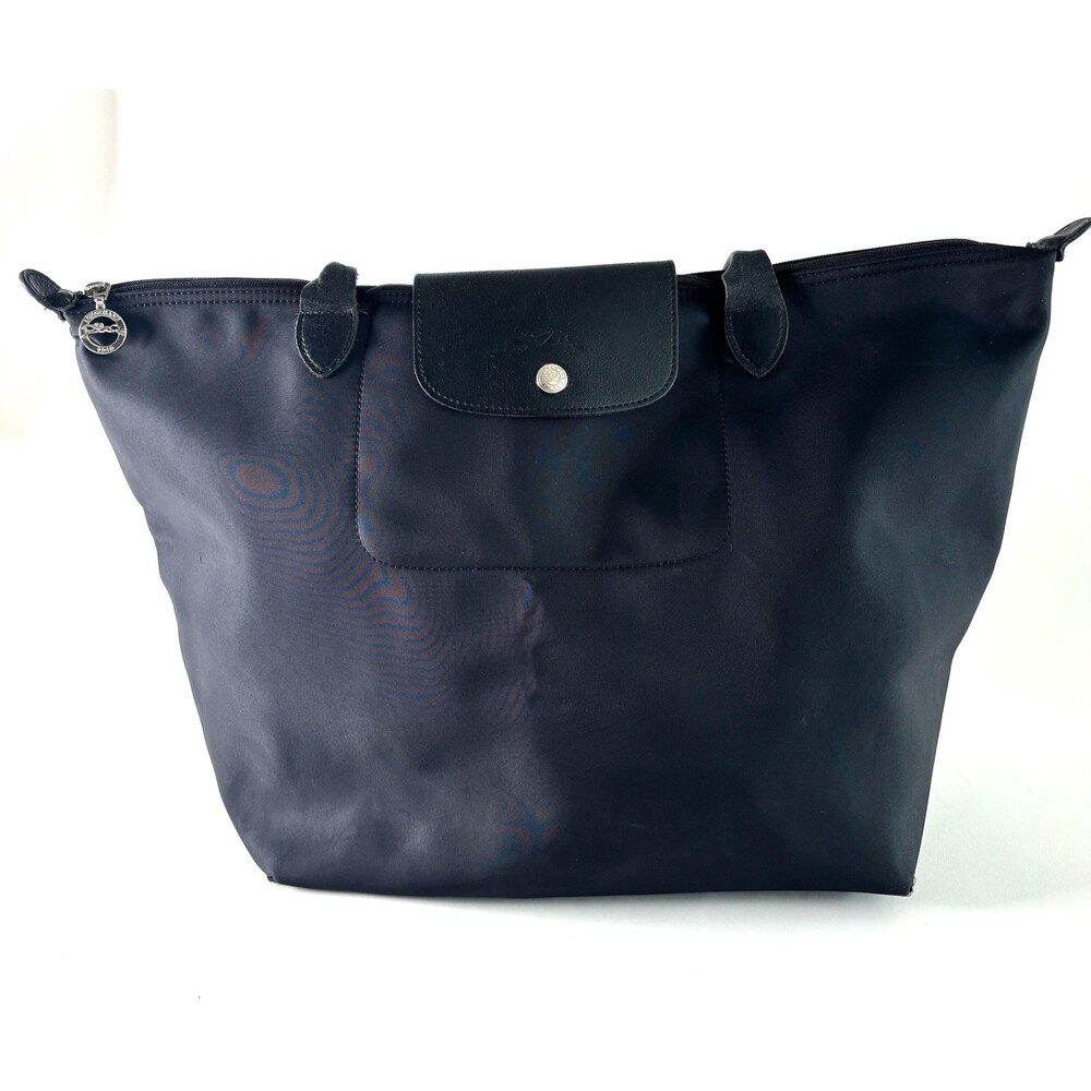 Vintage Longchamp Le Pliage Black Nylon and Leather Trim Tote Bag